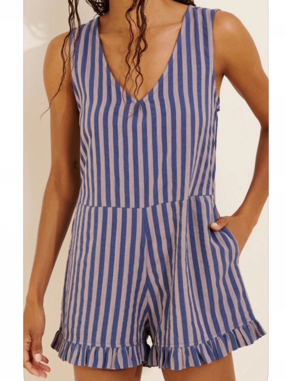 Known Supply Sleeveless V-Neck Striped Romper in Blue and Tan